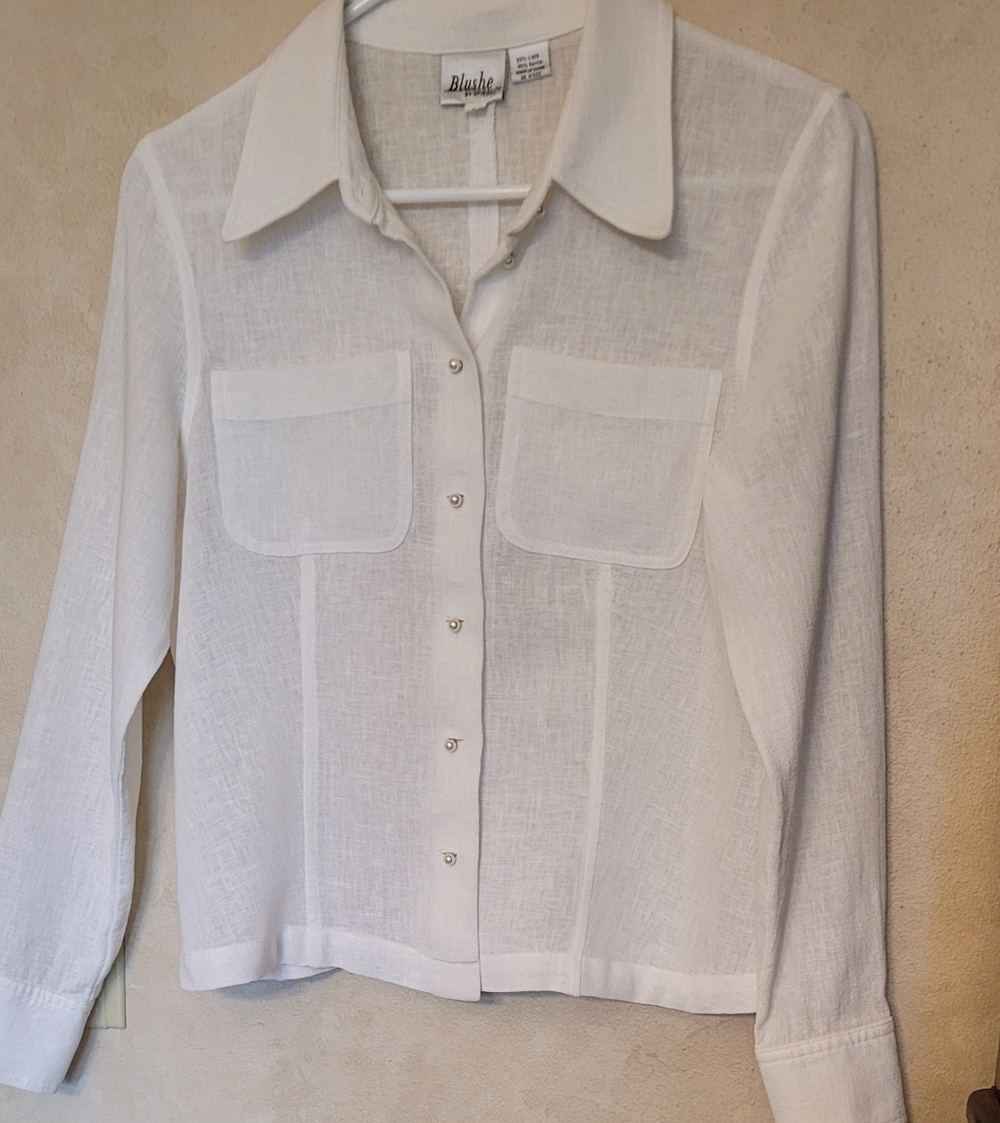 55 % Linen Blend White Button-Front Sheer Shirt With Pearl Buttons